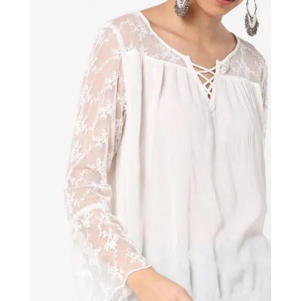HOLLISTER Sz L Boho Blouse White Ivory Lace Keyhole Bell Sleeve Fall Winter